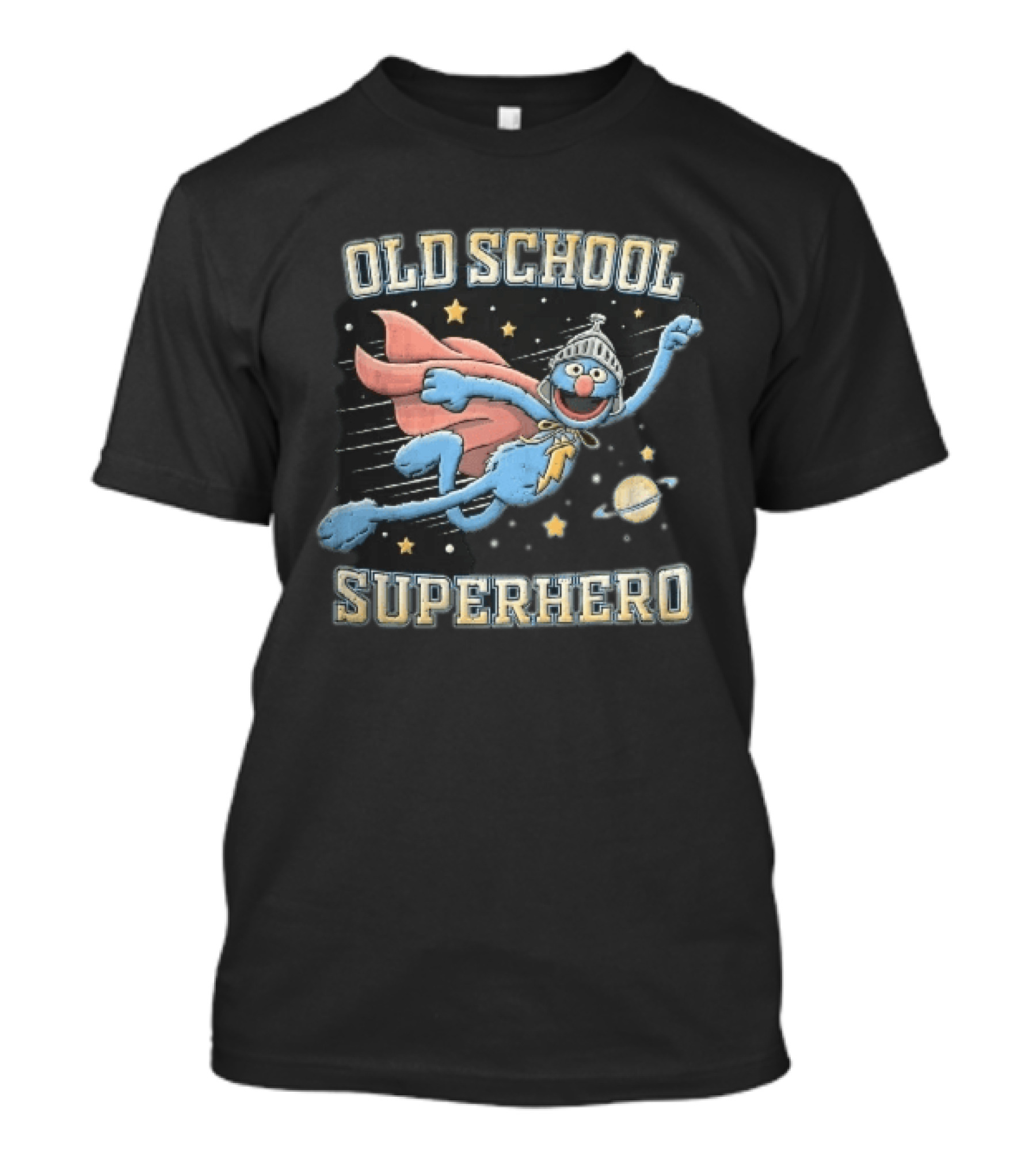 Old School Superhero Distressed Cartoon Super Grover Flying Outer Space Stars Planet T-Shirt