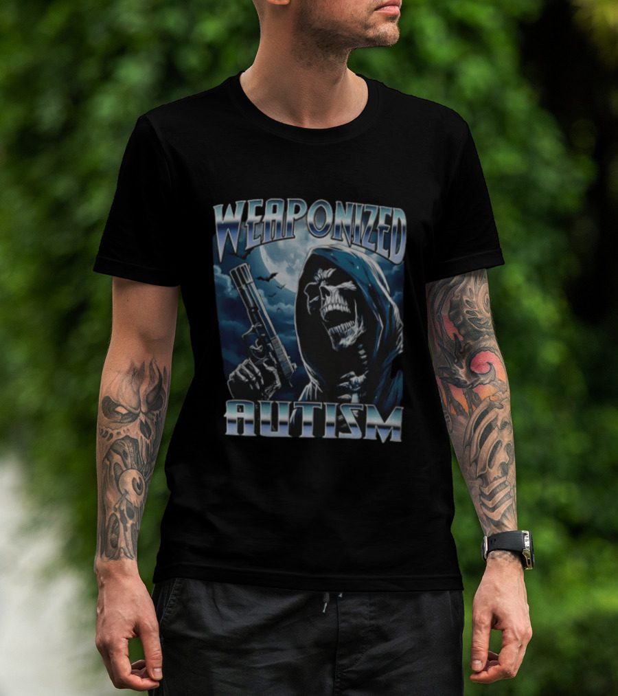 Weaponized Autism Skeleton With Gun Under Moonlight T-Shirt