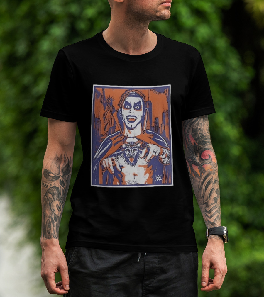 WWE Facepaint Wrestler At Liberty Statue Skyline With Demon Tattoo T-Shirt