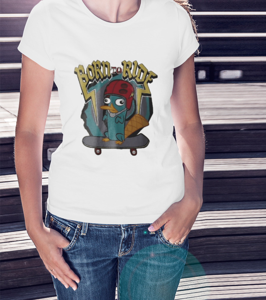 Born To Ride Cartoon Platypus Red Helmet Skateboard T-Shirt