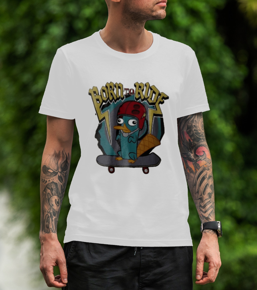 Born To Ride Cartoon Platypus Red Helmet Skateboard T-Shirt