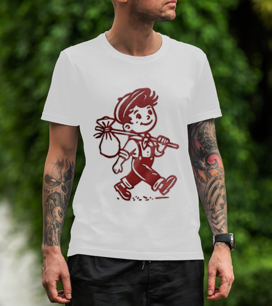 Red Line Cartoon Boy With Bindle Knapsack Stick Drawing T-Shirt