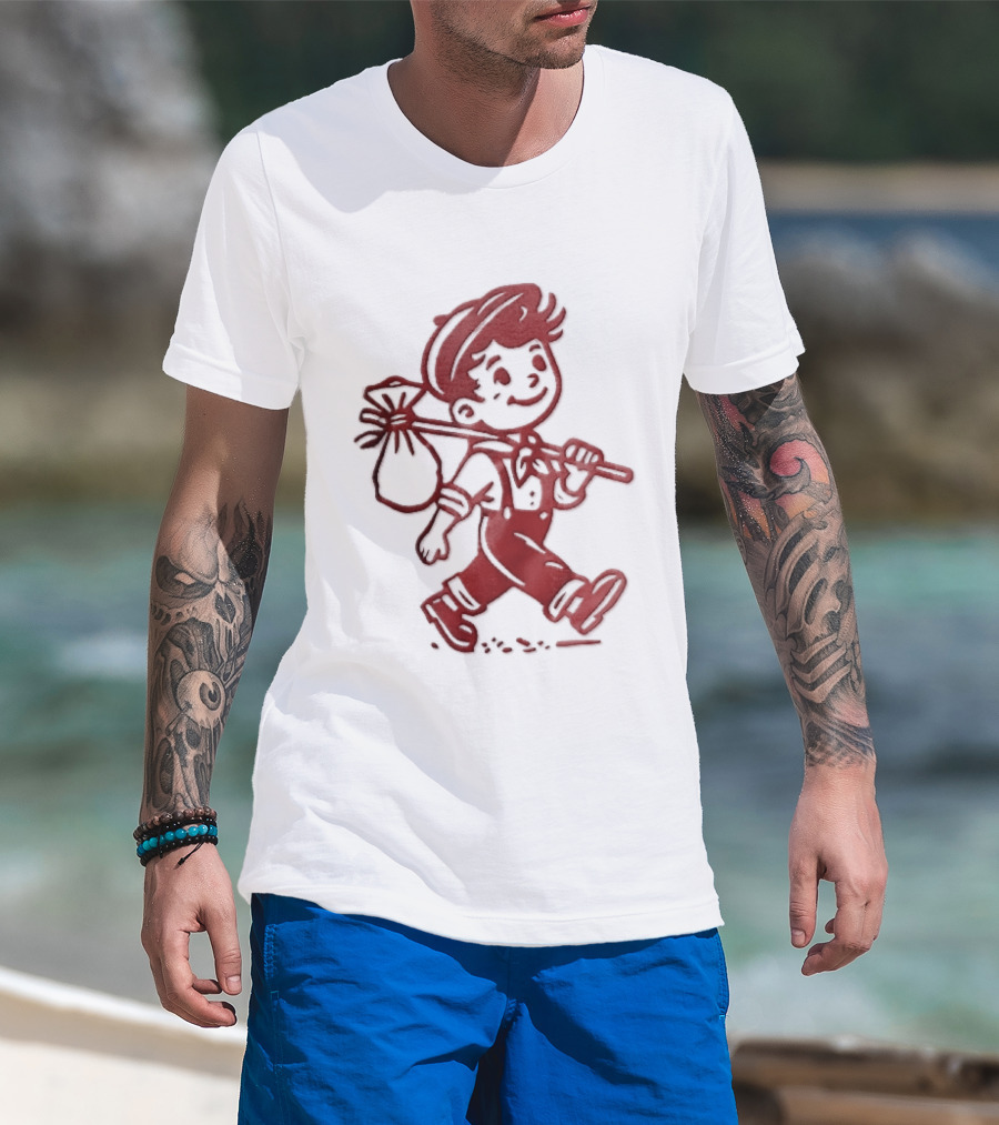 Red Line Cartoon Boy With Bindle Knapsack Stick Drawing T-Shirt
