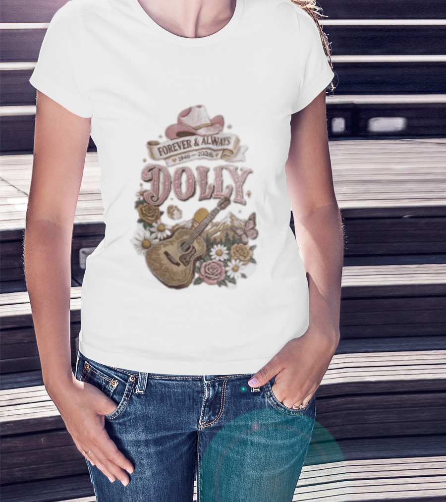 Forever & Always Dolly 1946 2026 Cowboy Hat Guitar Flowers Butterfly T-Shirt