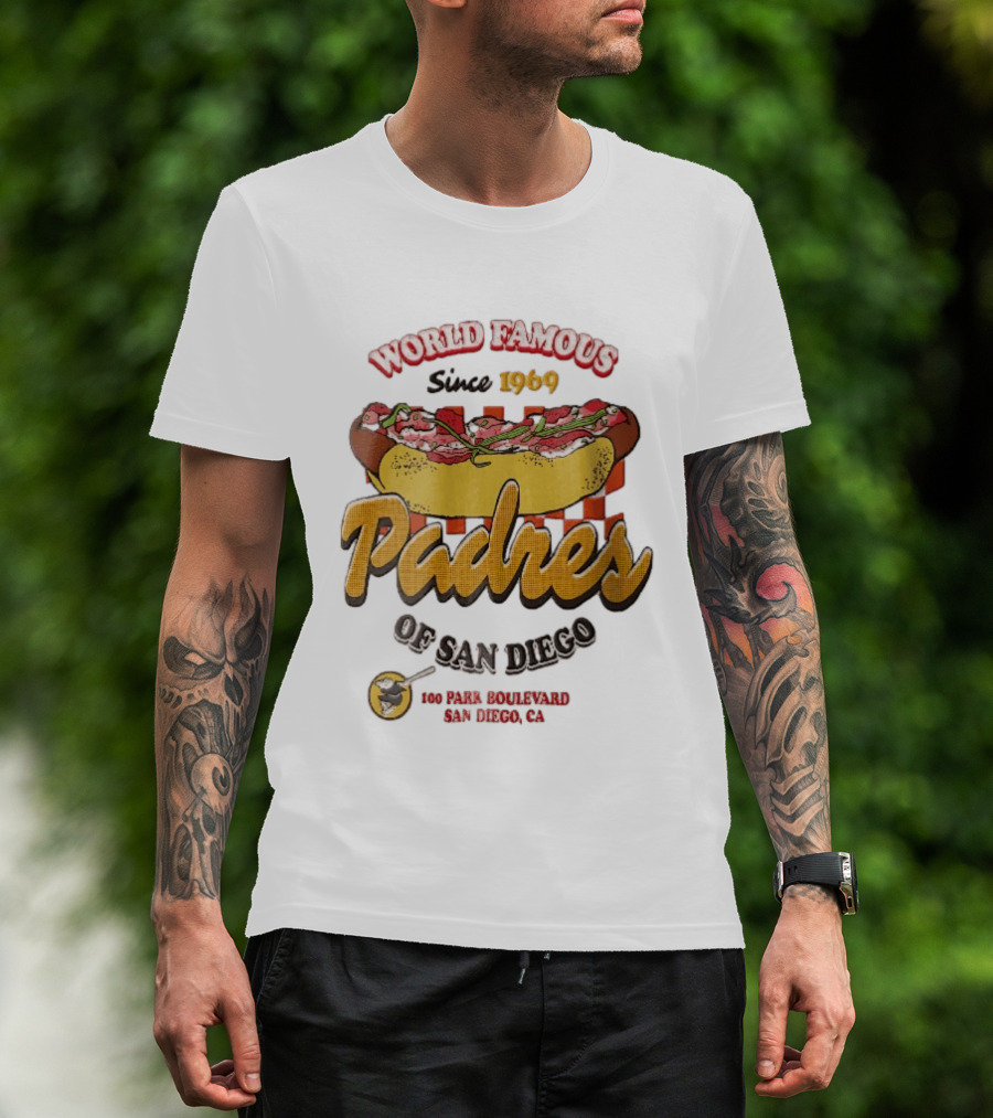 World Famous Padres Of San Diego Since 1969 Halftone Hot Dog 100 Park Boulevard CA T-Shirt