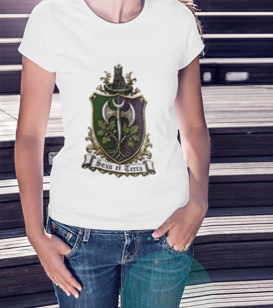 Sexu Et Terra Green Purple Shield Black Cat Axe And Tree Crest T-Shirt