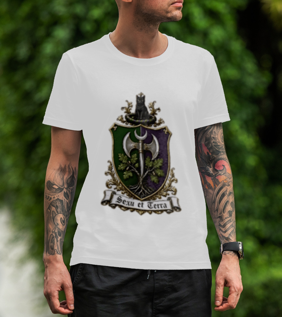 Sexu Et Terra Green Purple Shield Black Cat Axe And Tree Crest T-Shirt