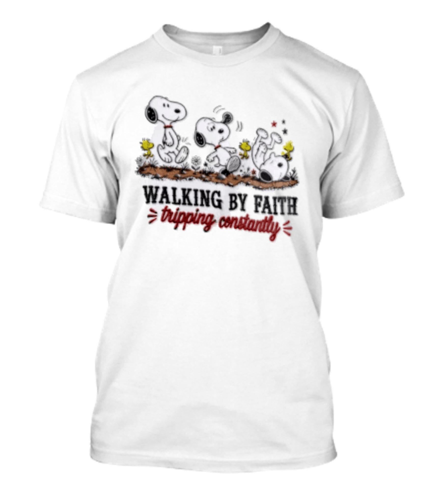 Snoopy Walking By Faith Tripping Constantly With Woodstock Friends T-Shirt