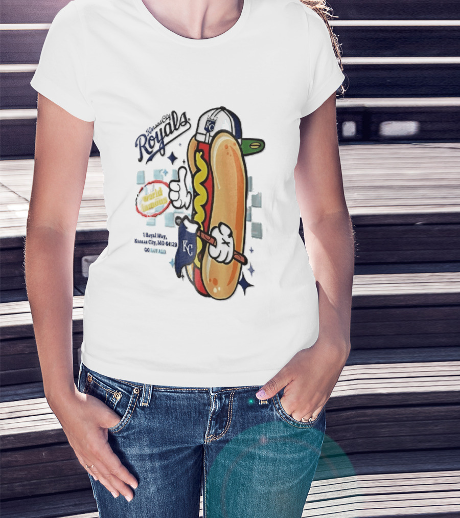 Kansas City Royals World Famous 1 Royal Way Mo 64129 Cartoon Hot Dog KC Cap T-Shirt
