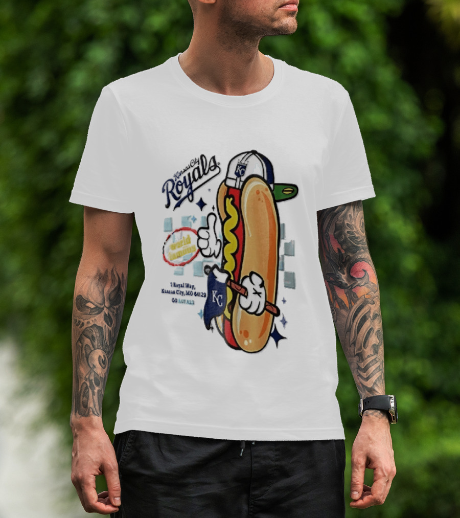 Kansas City Royals World Famous 1 Royal Way Mo 64129 Cartoon Hot Dog KC Cap T-Shirt