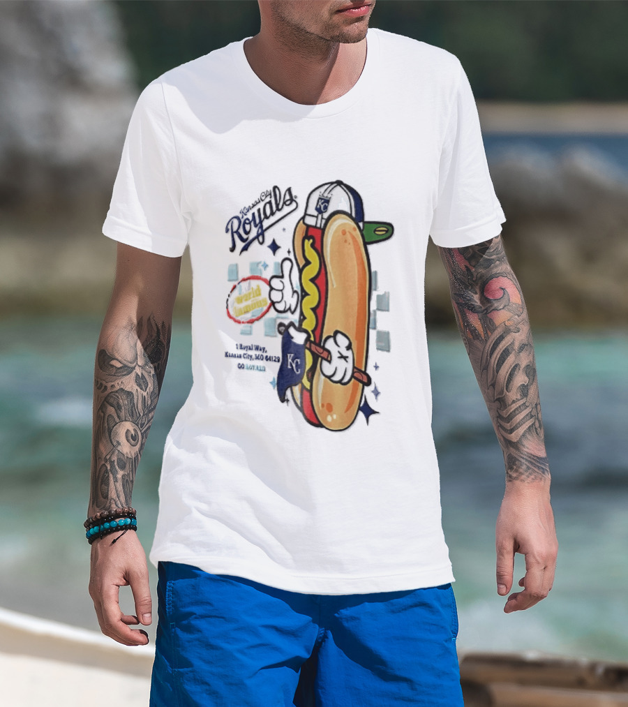 Kansas City Royals World Famous 1 Royal Way Mo 64129 Cartoon Hot Dog KC Cap T-Shirt