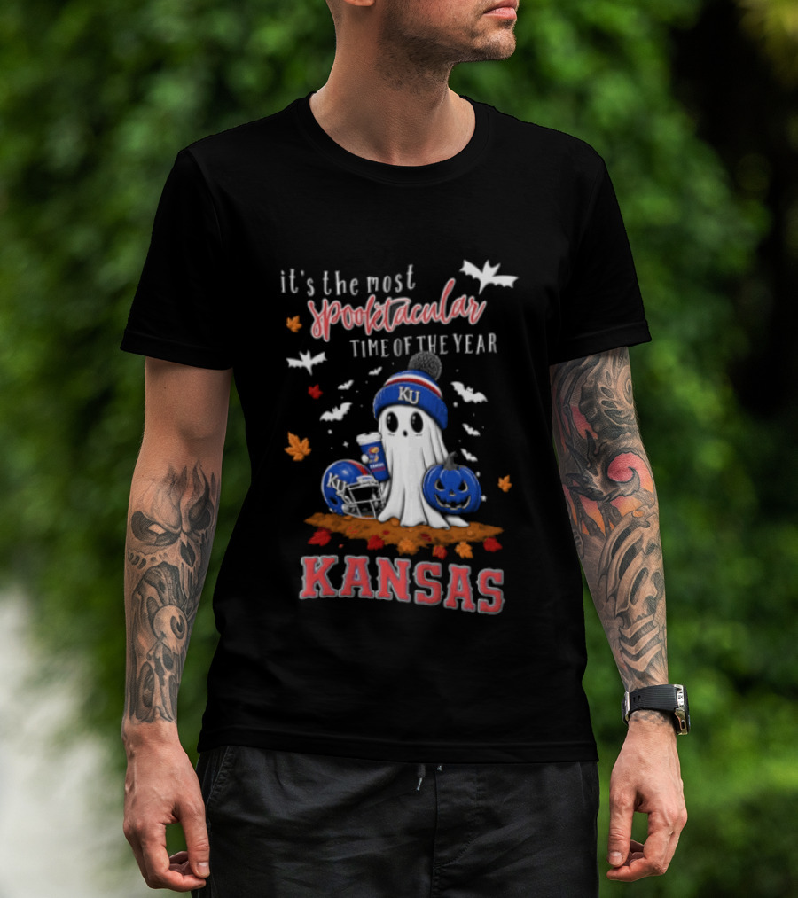 Kansas Jayhawks It's The Most Spooktacular Time Of Year Ghost Beanie Pumpkin T-Shirt