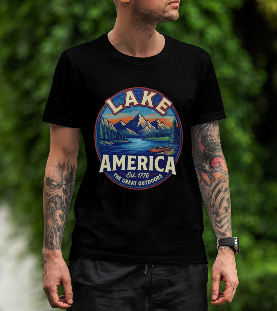 Lake America The Great Outdoors Est. 1776 Mountain Scene Canoe T-Shirt