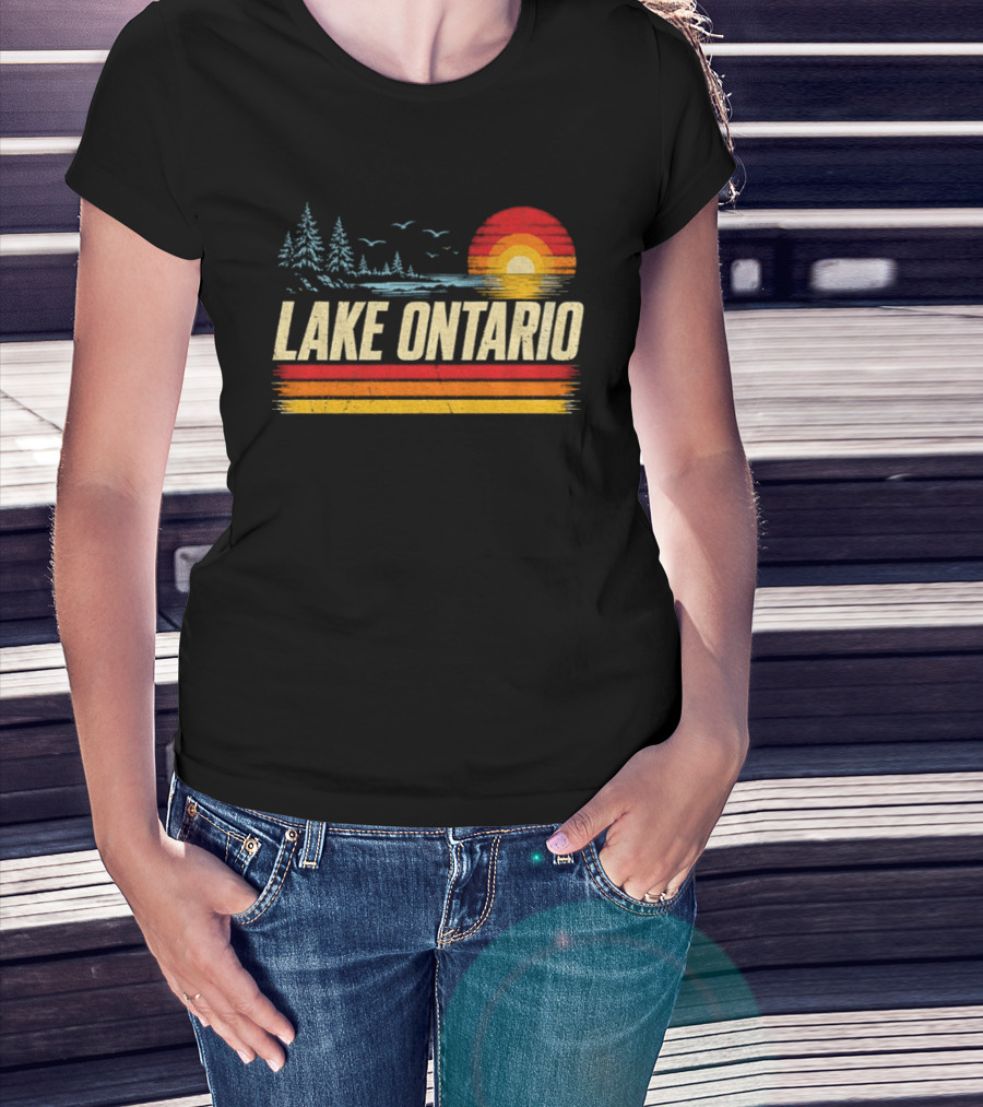 Lake Ontario Sunset Vintage Style With Pines And Birds T-Shirt