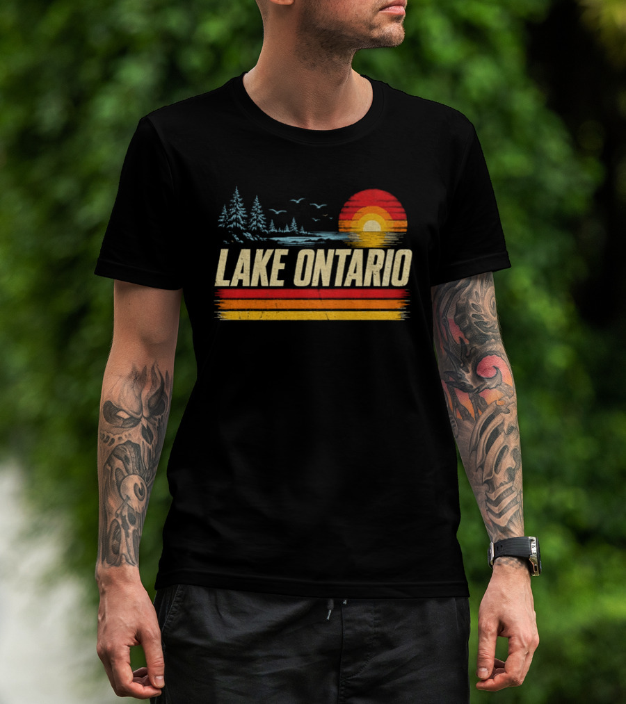 Lake Ontario Sunset Vintage Style With Pines And Birds T-Shirt
