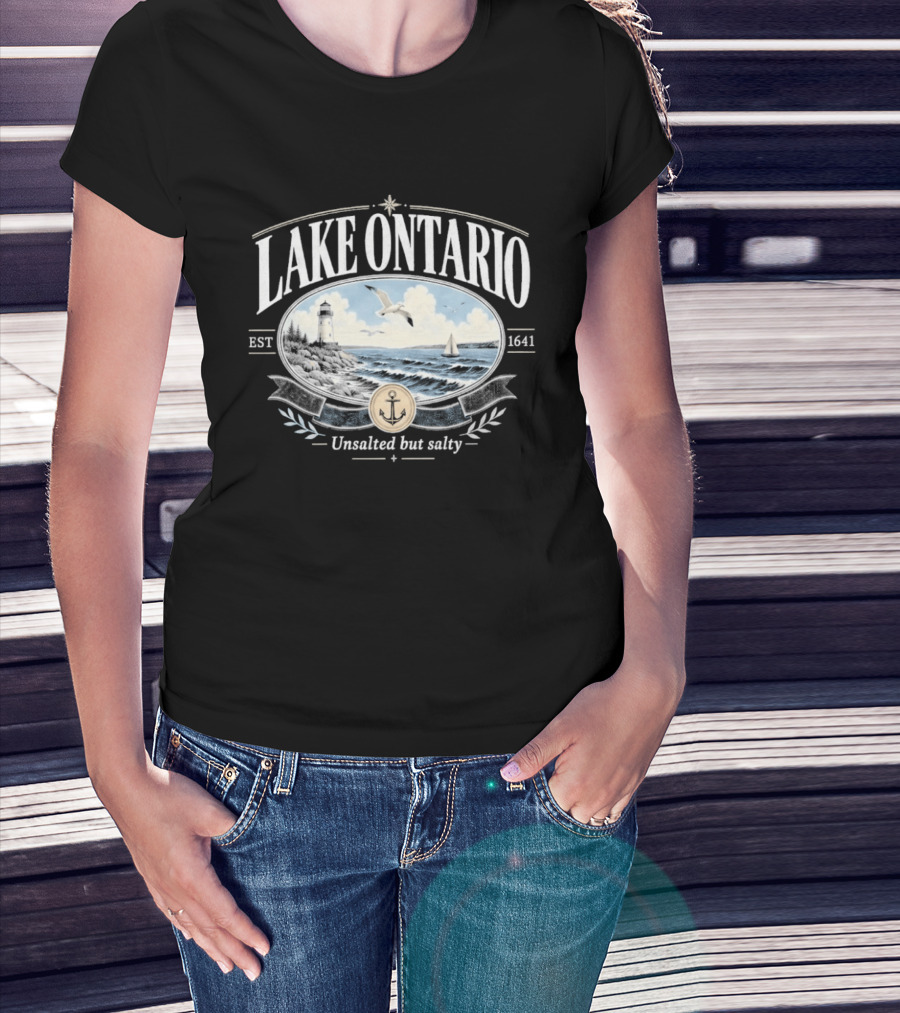 Lake Ontario Unsalted But Salty EST 1641 Seagull Lighthouse Sailboat Scene T-Shirt