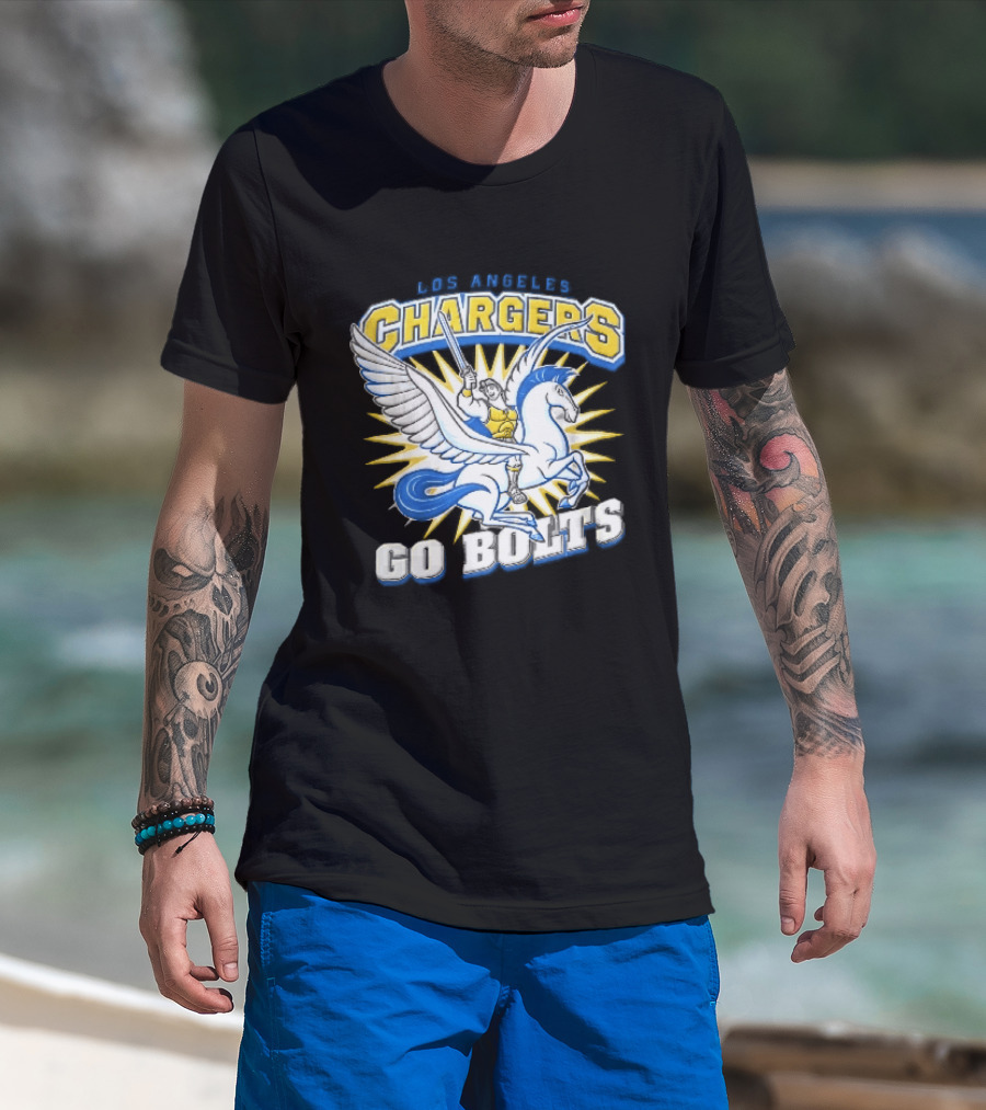 Los Angeles Chargers Go Bolts Hercules Pegasus Sword Cartoon Sunburst T-Shirt