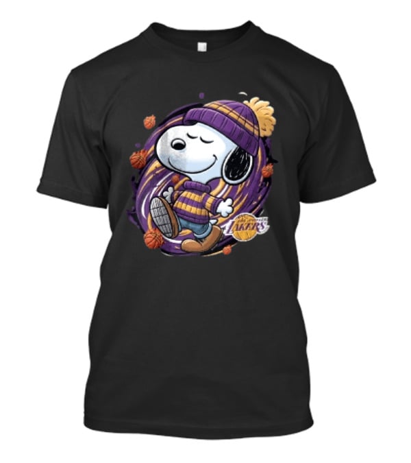 Los Angeles Lakers NBA Snoopy Cartoon Beanie Swirl Flaming Basketballs T-Shirt