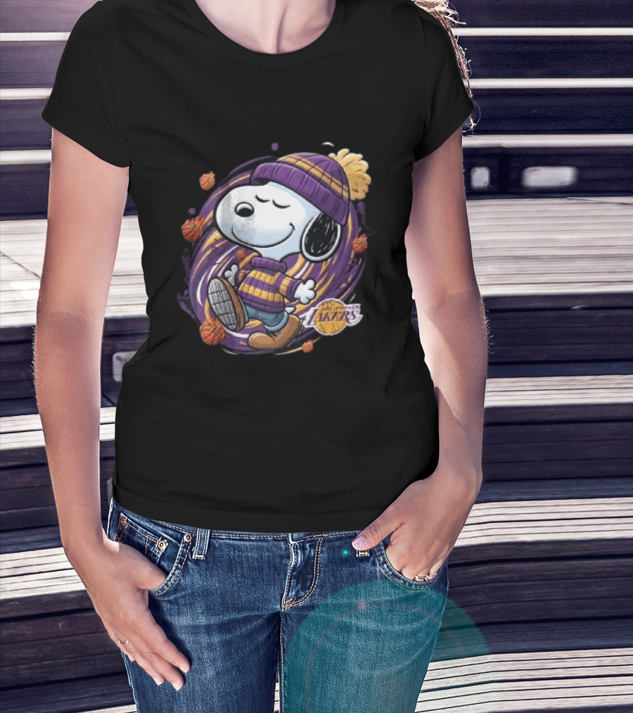 Los Angeles Lakers NBA Snoopy Cartoon Beanie Swirl Flaming Basketballs T-Shirt