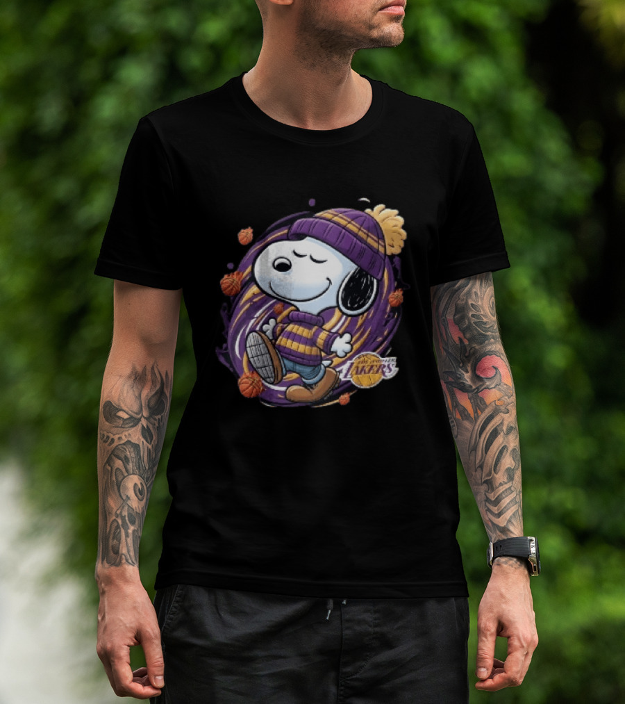 Los Angeles Lakers NBA Snoopy Cartoon Beanie Swirl Flaming Basketballs T-Shirt
