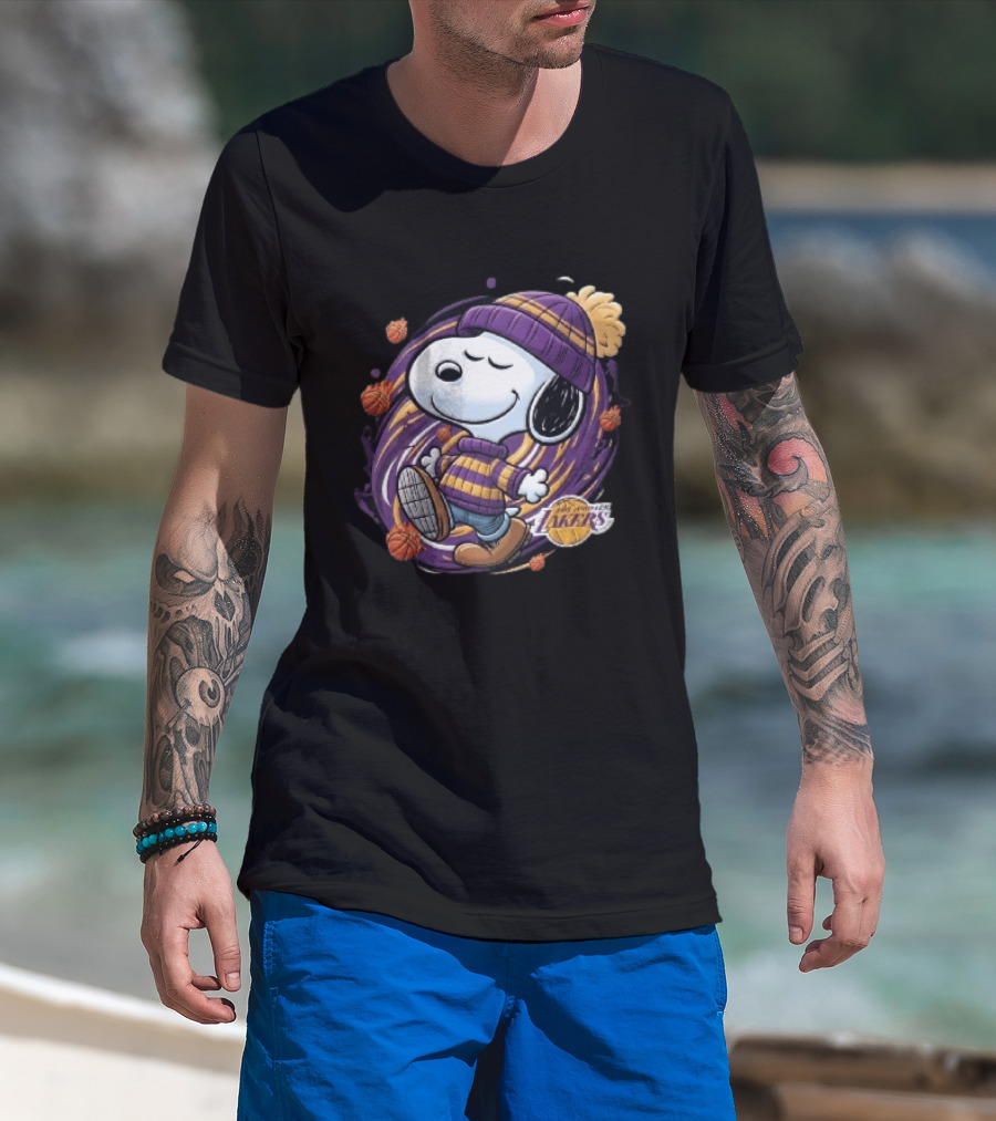 Los Angeles Lakers NBA Snoopy Cartoon Beanie Swirl Flaming Basketballs T-Shirt