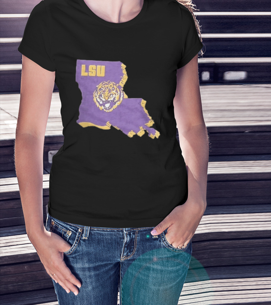 LSU Tigers NCAA Roaring Head Louisiana Map T-Shirt