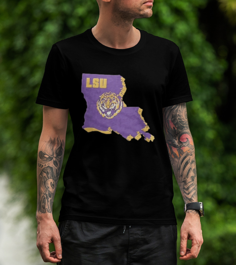 LSU Tigers NCAA Roaring Head Louisiana Map T-Shirt