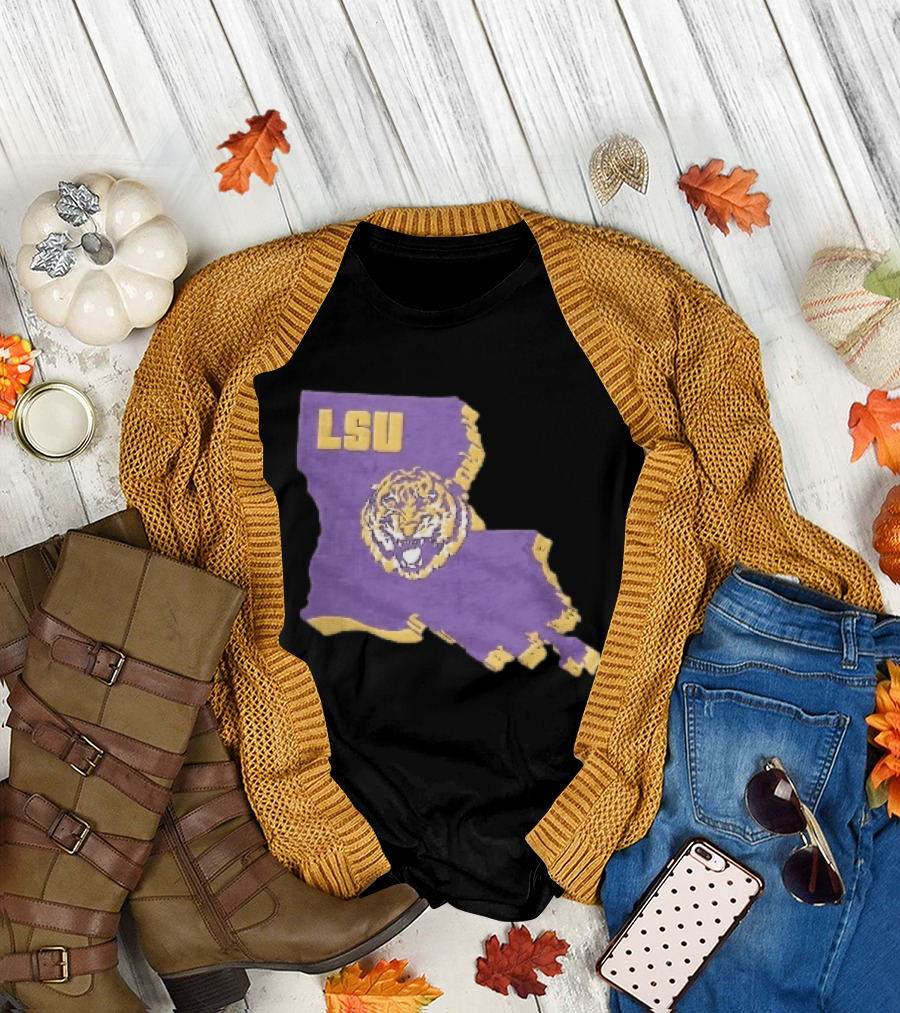 LSU Tigers NCAA Roaring Head Louisiana Map T-Shirt