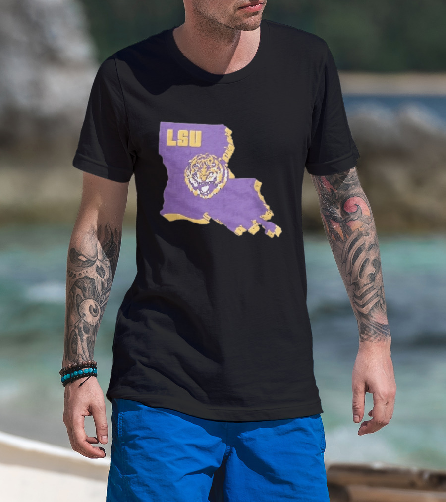 LSU Tigers NCAA Roaring Head Louisiana Map T-Shirt