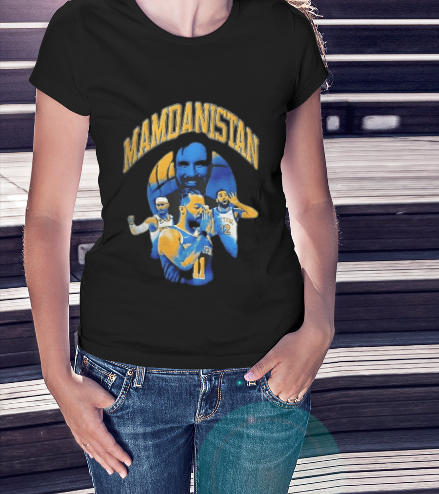 Mamdanistan Jalen Brunson Karl Anthony Towns Zohran Mamdani Halftone Basketball Collage T-Shirt