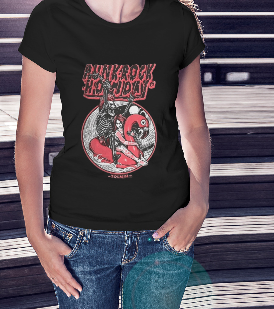 Punk Rock Holiday 19 Tolmin Mohawk Skeleton Riding Pink Flamingo Ocean Waves T-Shirt
