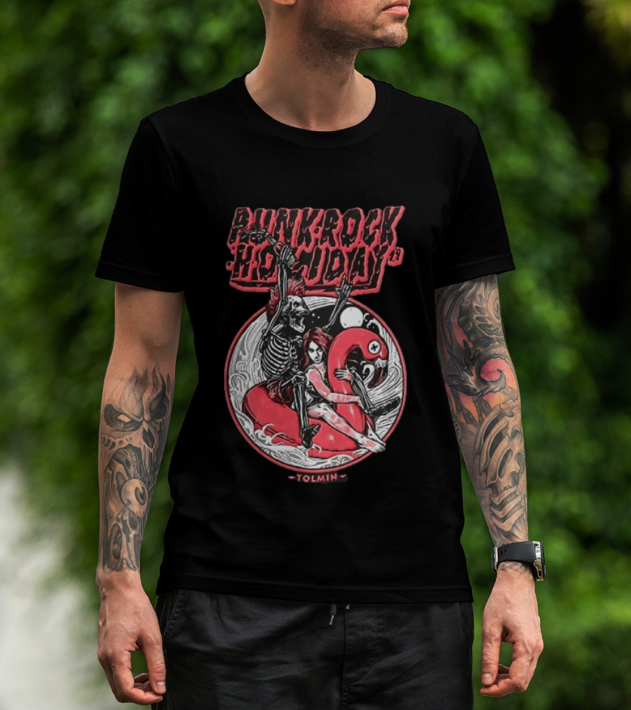 Punk Rock Holiday 19 Tolmin Mohawk Skeleton Riding Pink Flamingo Ocean Waves T-Shirt