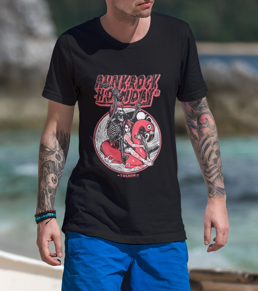 Punk Rock Holiday 19 Tolmin Mohawk Skeleton Riding Pink Flamingo Ocean Waves T-Shirt