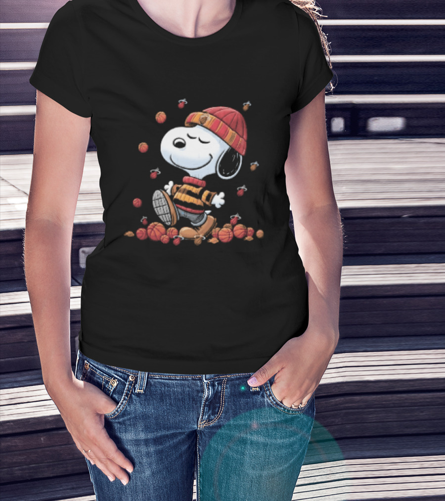Miami Heat NBA Snoopy Walking Beanie Striped Flaming Basketballs Black T-Shirt