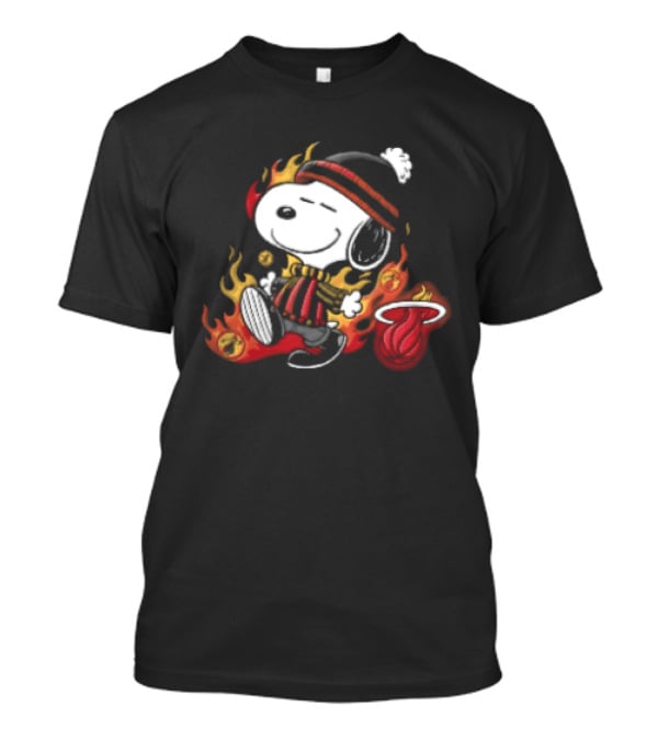 Miami Heat NBA Snoopy Walking Beanie Striped Flames Cartoon T-Shirt