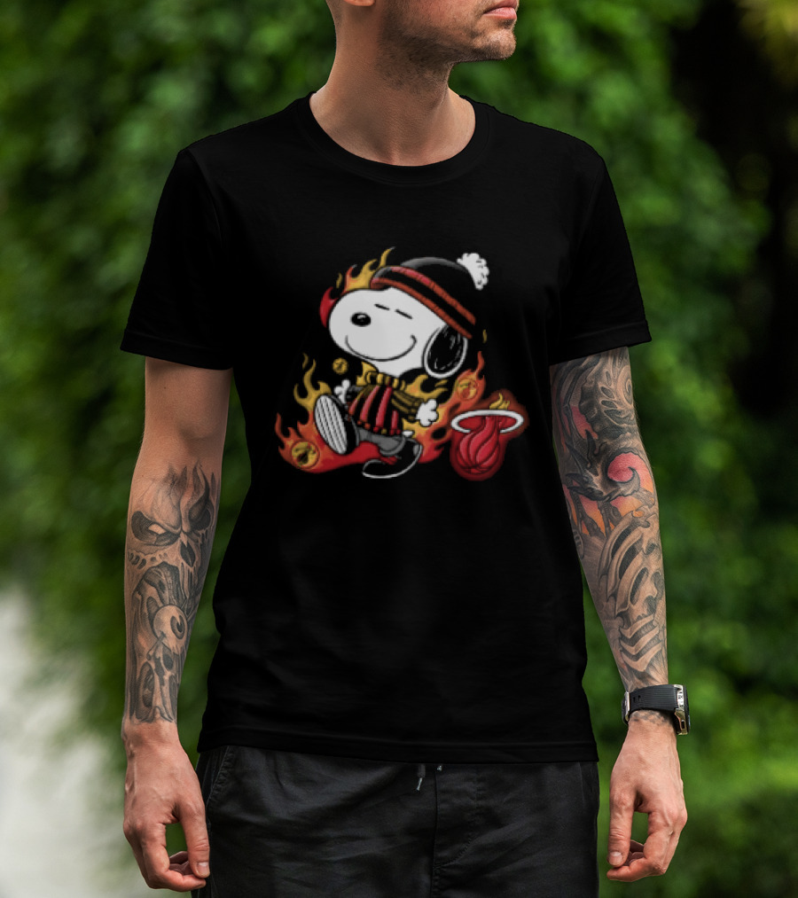 Miami Heat NBA Snoopy Walking Beanie Striped Flames Cartoon T-Shirt