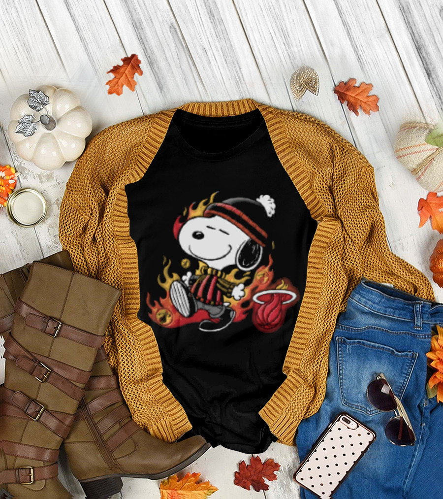 Miami Heat NBA Snoopy Walking Beanie Striped Flames Cartoon T-Shirt