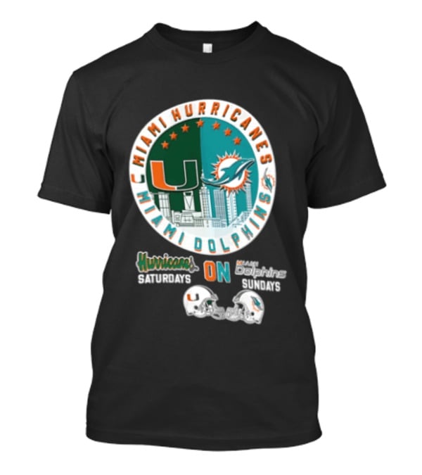 Miami Hurricanes Dolphins City Skyline Saturdays Sundays Two Helmets T-Shirt