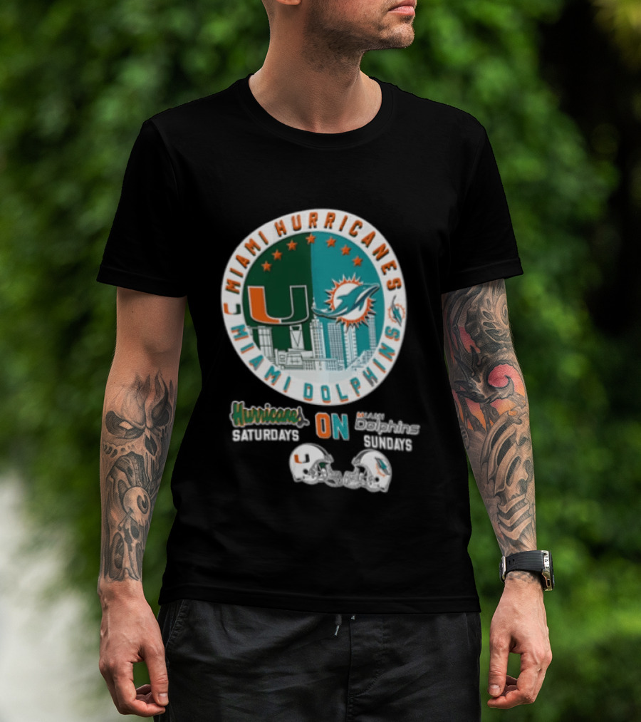Miami Hurricanes Dolphins City Skyline Saturdays Sundays Two Helmets T-Shirt