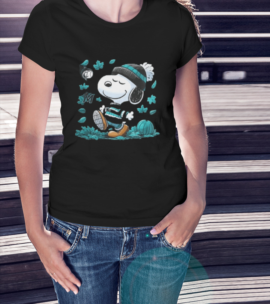 Miami Marlins Snoopy Walking Winter Beanie Autumn Leaves Pumpkin MLB Cartoon T-Shirt