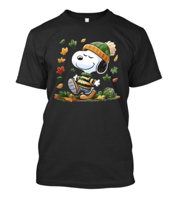 Milwaukee Bucks Snoopy In Beanie Walking Through Autumn Leaves Cartoon T-Shirt