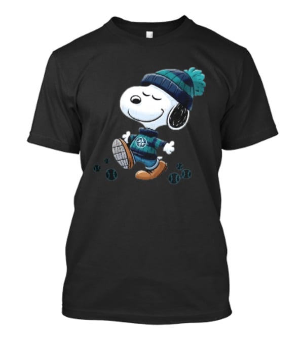 Seattle Mariners Snoopy Walking Beanie And Baseballs MLB Cartoon T-Shirt