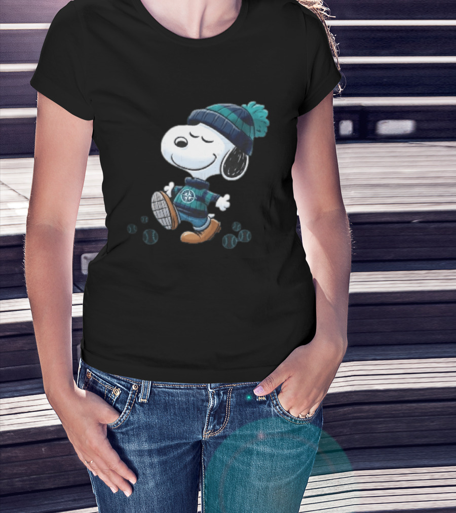 Seattle Mariners Snoopy Walking Beanie And Baseballs MLB Cartoon T-Shirt