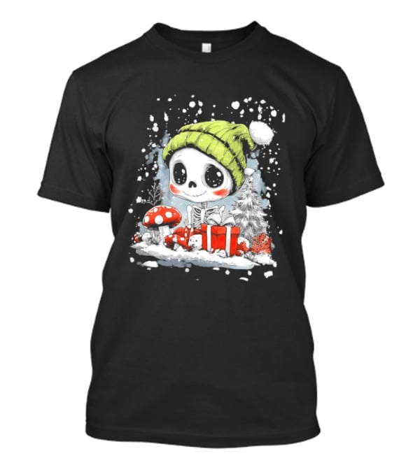 Skeleton In Green Beanie Hat With Mushroom And Christmas Present T-Shirt