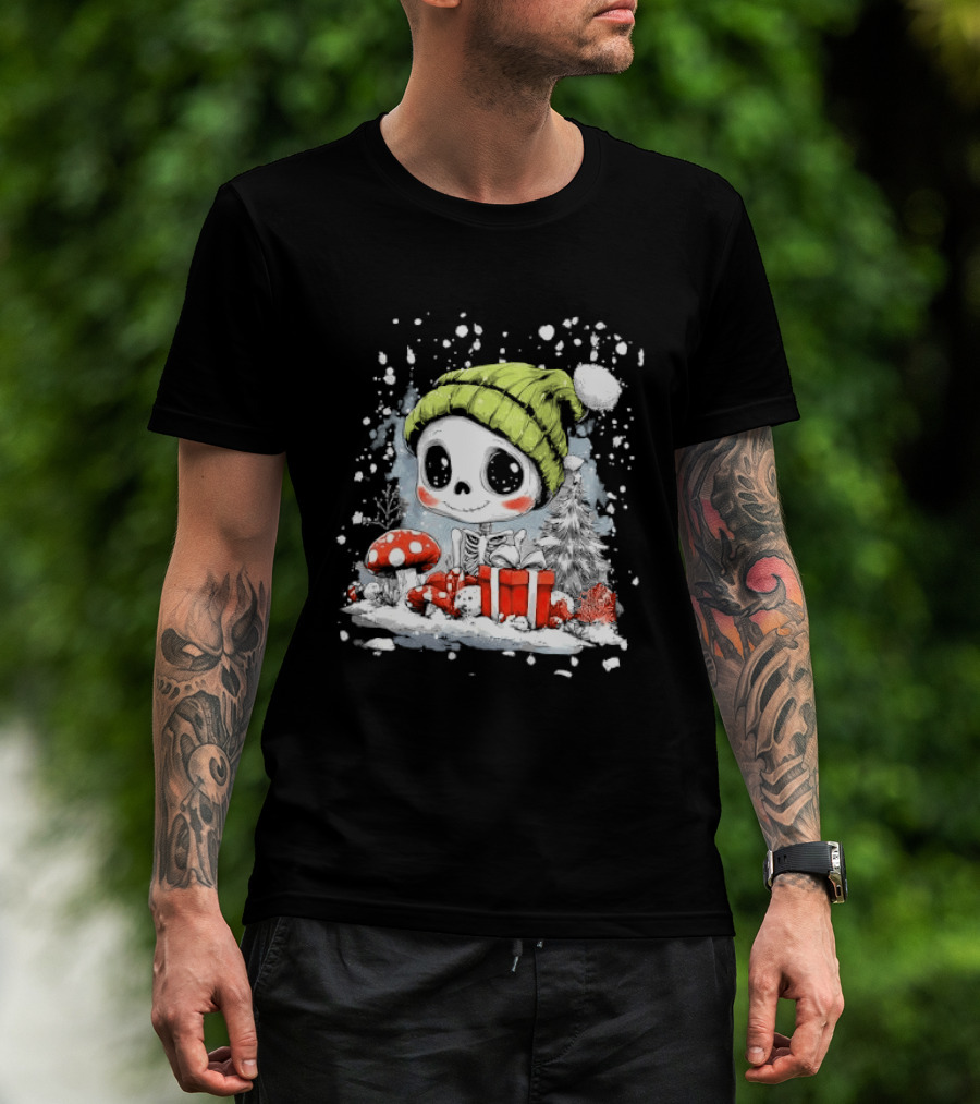 Skeleton In Green Beanie Hat With Mushroom And Christmas Present T-Shirt