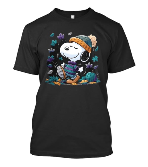 Snoopy Autumn Walk Striped Beanie Pumpkin And Falling Leaves T-Shirt