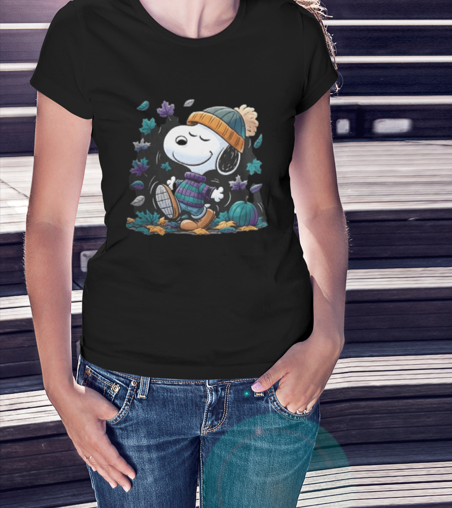 Snoopy Autumn Walk Striped Beanie Pumpkin And Falling Leaves T-Shirt