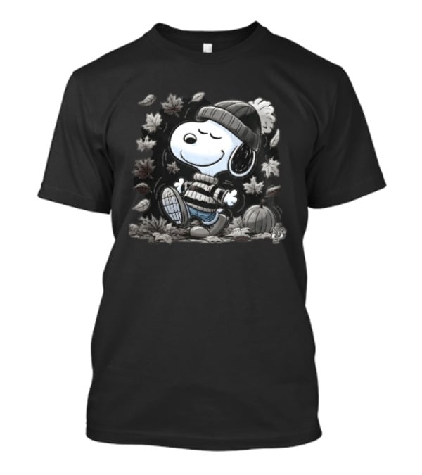 Snoopy Walking Beanie Striped Sweater Autumn Leaves Pumpkin Cartoon T-Shirt