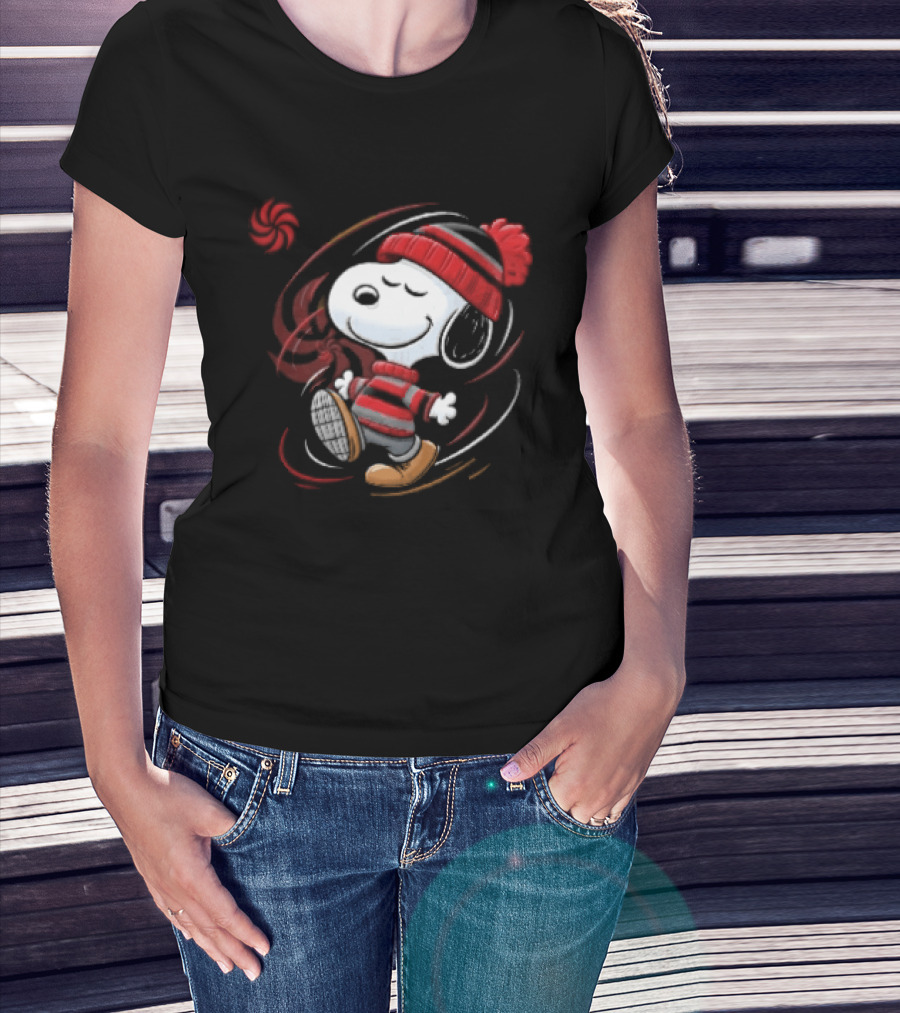 Snoopy Walking Red Black Striped Beanie Swirl Cartoon T-Shirt