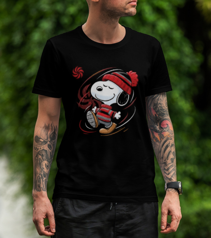 Snoopy Walking Red Black Striped Beanie Swirl Cartoon T-Shirt